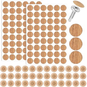 Pndeyo 60pcs Self-Adhesive Screw Cover Stickers & 50pcs Plastic Caps, Non-Faded Screw Hole Cover Caps Set, Dustproof Sticky Decals for Various Furniture Cabinet- Wood Color & Champagne