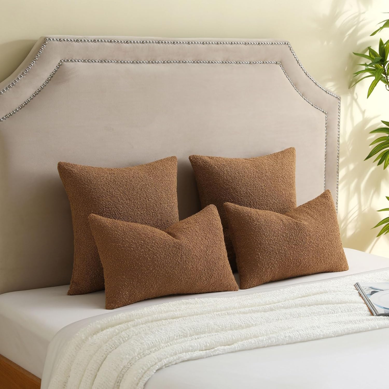 FUTEI Pack of 2 Tobacco Decorative Throw Pillow Covers 18x18 Inch Soft Cozy Solid Boucle Textured Cushion Case,Modern Home Decor for Couch Bed Living Room - Image 6