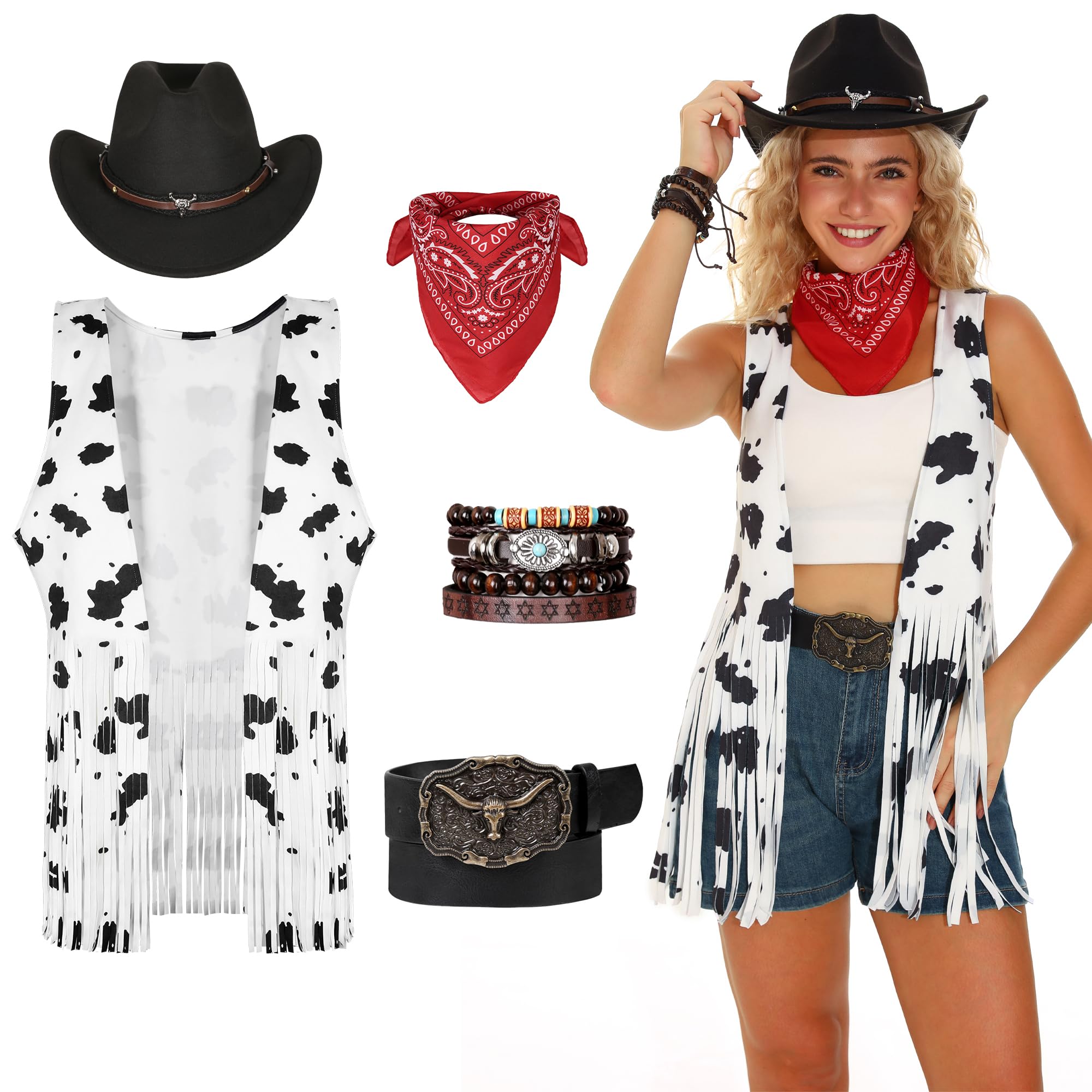 GERVAISE Womens Western Cowgirl Costume 70s Hippie Tassels Fringe Vest outfit Hat 5pcs (Multicolor, XX-Large)