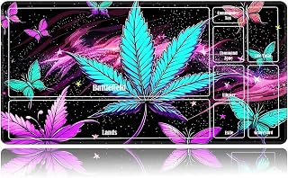 Playmat for MTG with Zones, Card Game Mats/Mousepad 24" x 14", Magic Mat with Stitched Edge for Board Game, RPG CCG, Anime TCG Card Desk Writing Pad, Blue Five Leaf Grass