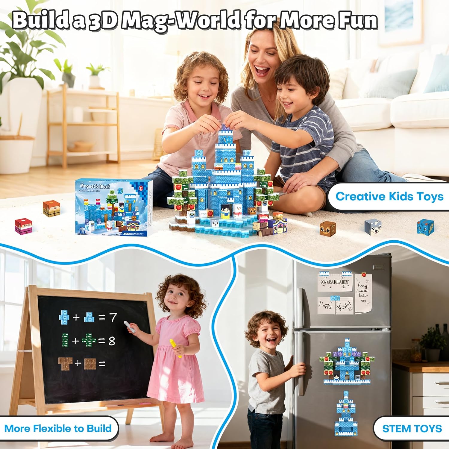 150pcs Magnetic Blocks, Magnetic Blocks for Kids Ages 4-8, Magnetic Cubes Sets for Ice Castle Worlds Build, Stacking Magnets for Kids, Birthday Gifts for Boys and Girls Age 3+ Years Old