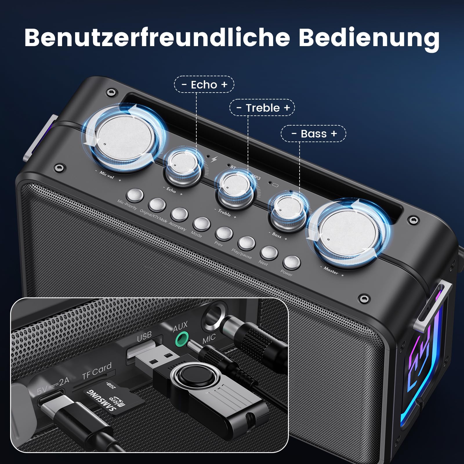 HWWR Karaoke Maschine mit 2 Karaoke Mikrofonen, Tragbare Bluetooth 5.3 Karaoke Maschine für Erwachsene Unterstützt TF-Karte/USB/AUX-Eingang, Aufnahmefunktion, Geeignet für Familientreffen
