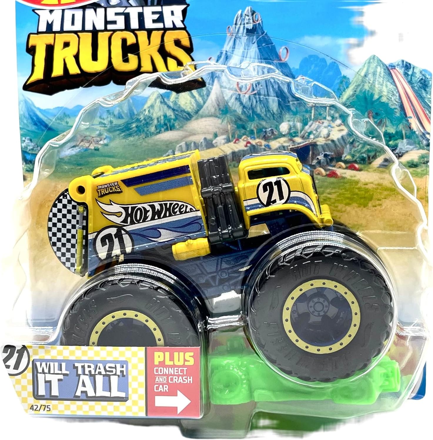 Monster Trucks Will Trash It All (Yellow/Blue) with Connect and Crash car 42/75, 1:64 Scale diecast Truck