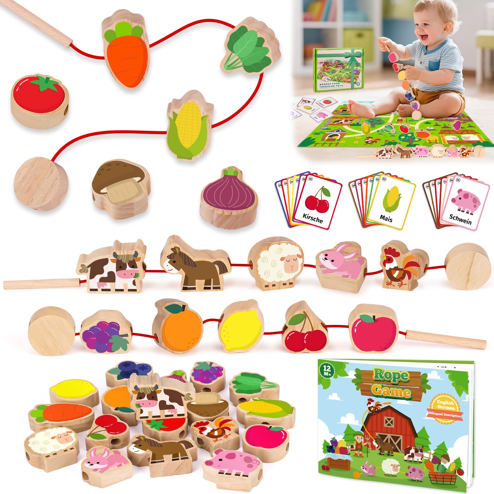 Juguetes Montessori Niños 1 2 3 Años: Regalo Niña Niño 2 3 Años cuentas de Madera Juguete Enhebrar Juegos Educativos Niños 1-3 Años Regalo de Cumpleaños Tema de la Granja con Animales Frutas Verduras