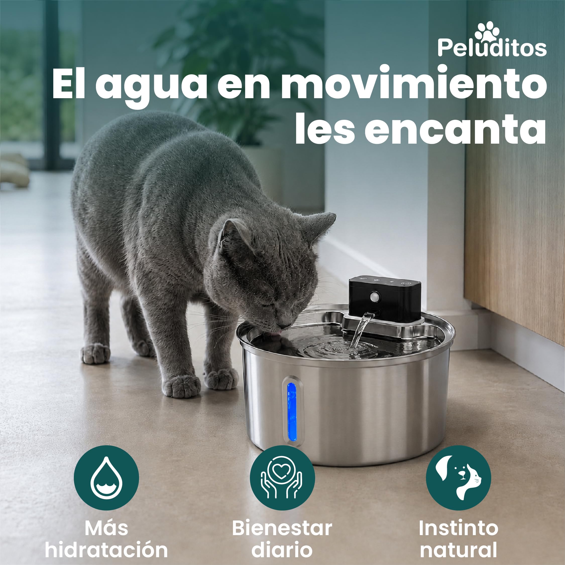 Peluditos SUS304 - Fontana per gatti in acciaio inox, 2,5 l, senza cavo, ricaricabile, 4200 mAh, con sensore di movimento, fontana d'acqua per gatti e cani, ultra silenziosa