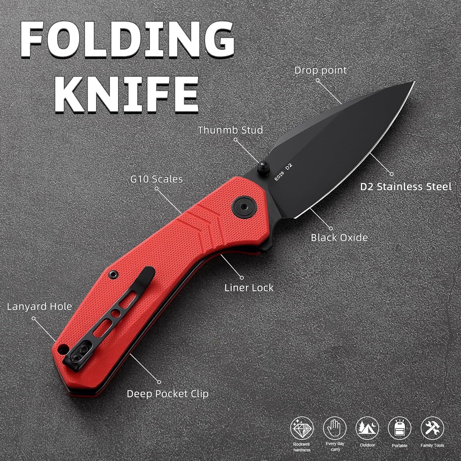 EDC Folding Pocket Knife - D2 Steel Drop Point Black Blade, G10 Handle Scales with Liner Lock, Reversible Clip, Lightweight Outdoor Utility Tool E029, Red