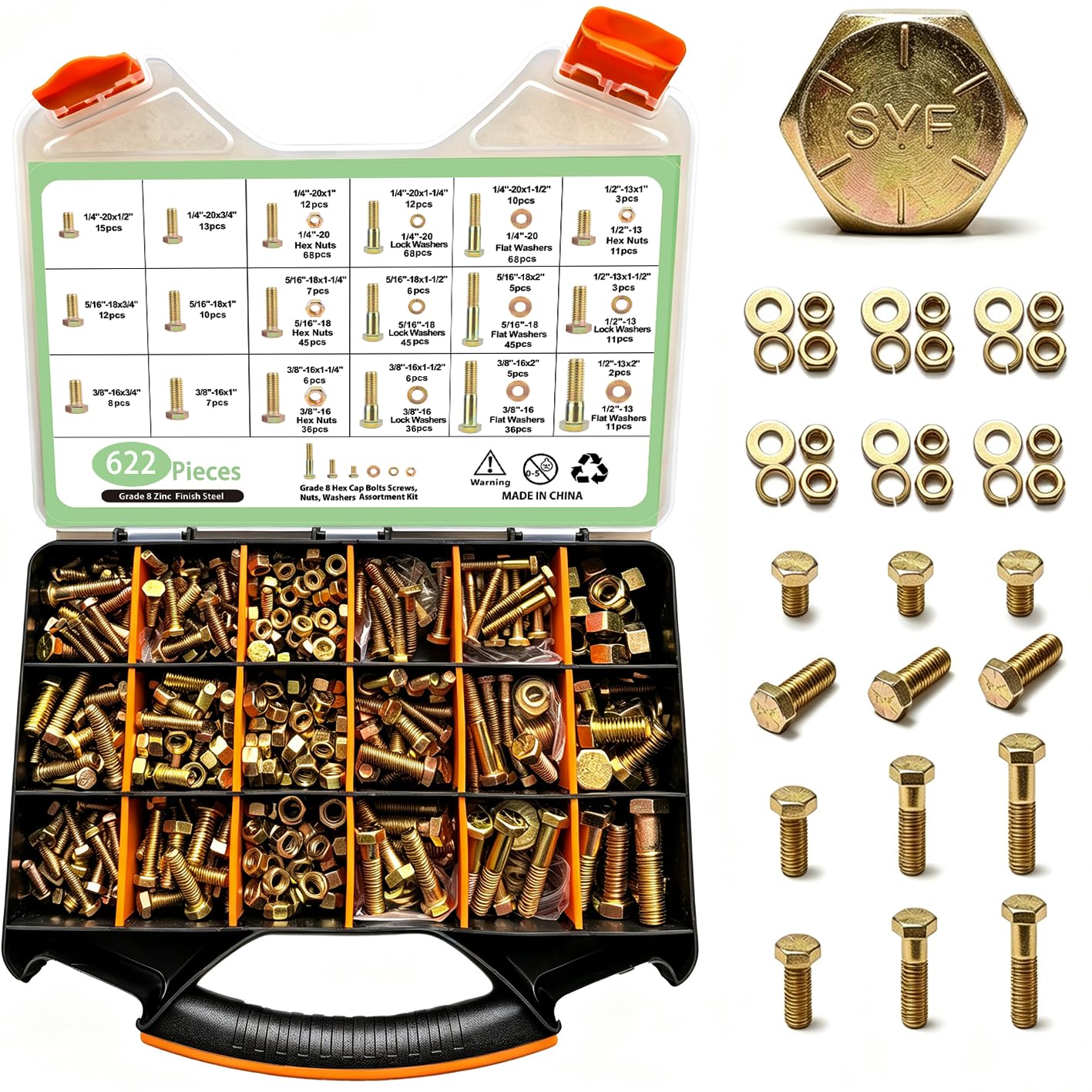 622PCS Grade 8 Nuts and Bolts kit, 1/4-20, 5/16-18, 3/8-16, 1/2-13