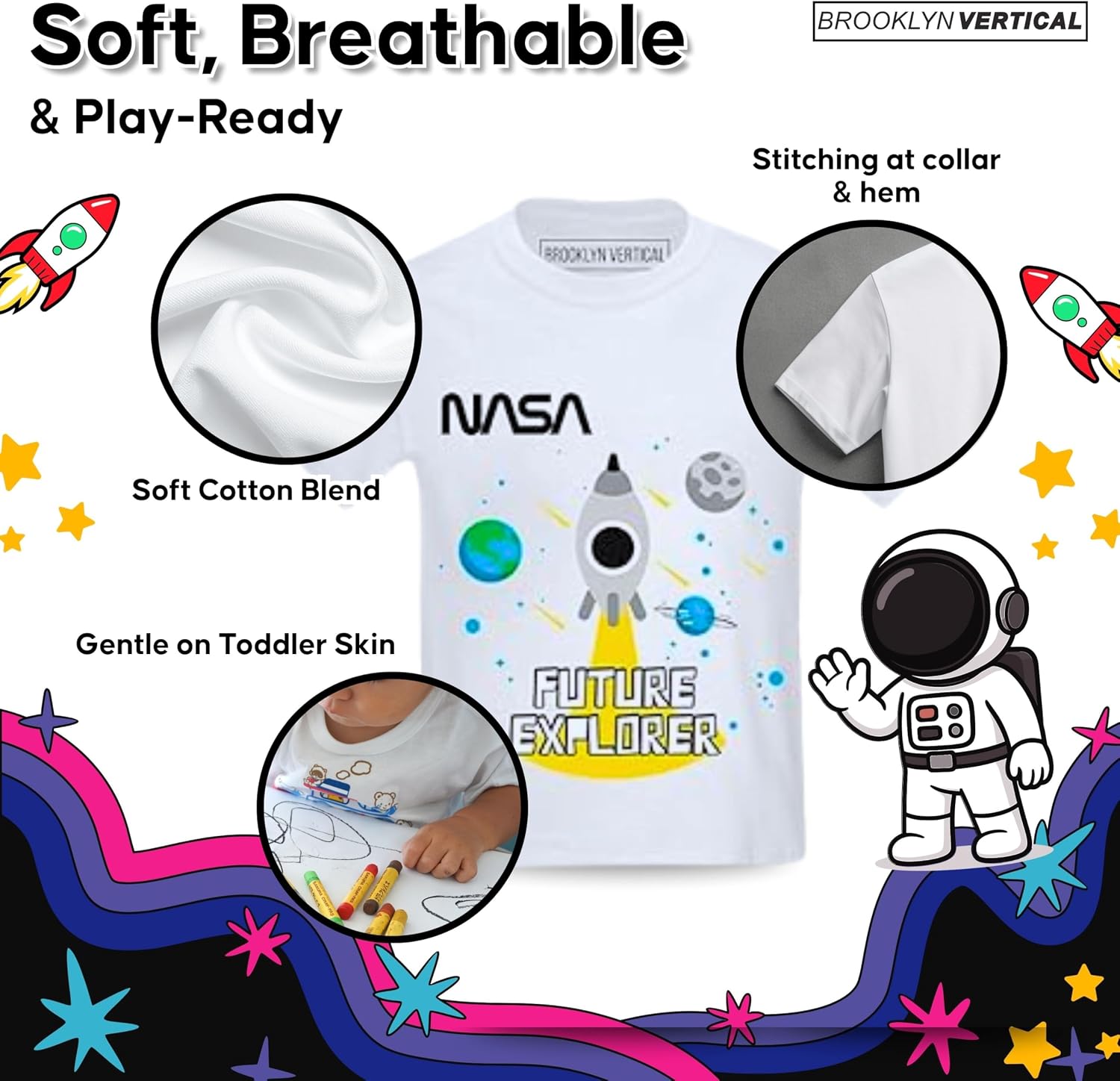 BROOKLYN VERTICAL 4-Pack Toddler NASA Print Outer Space Rocket Ship Short Sleeve T-Shirt | Soft Cotton Sizes 2T-4T