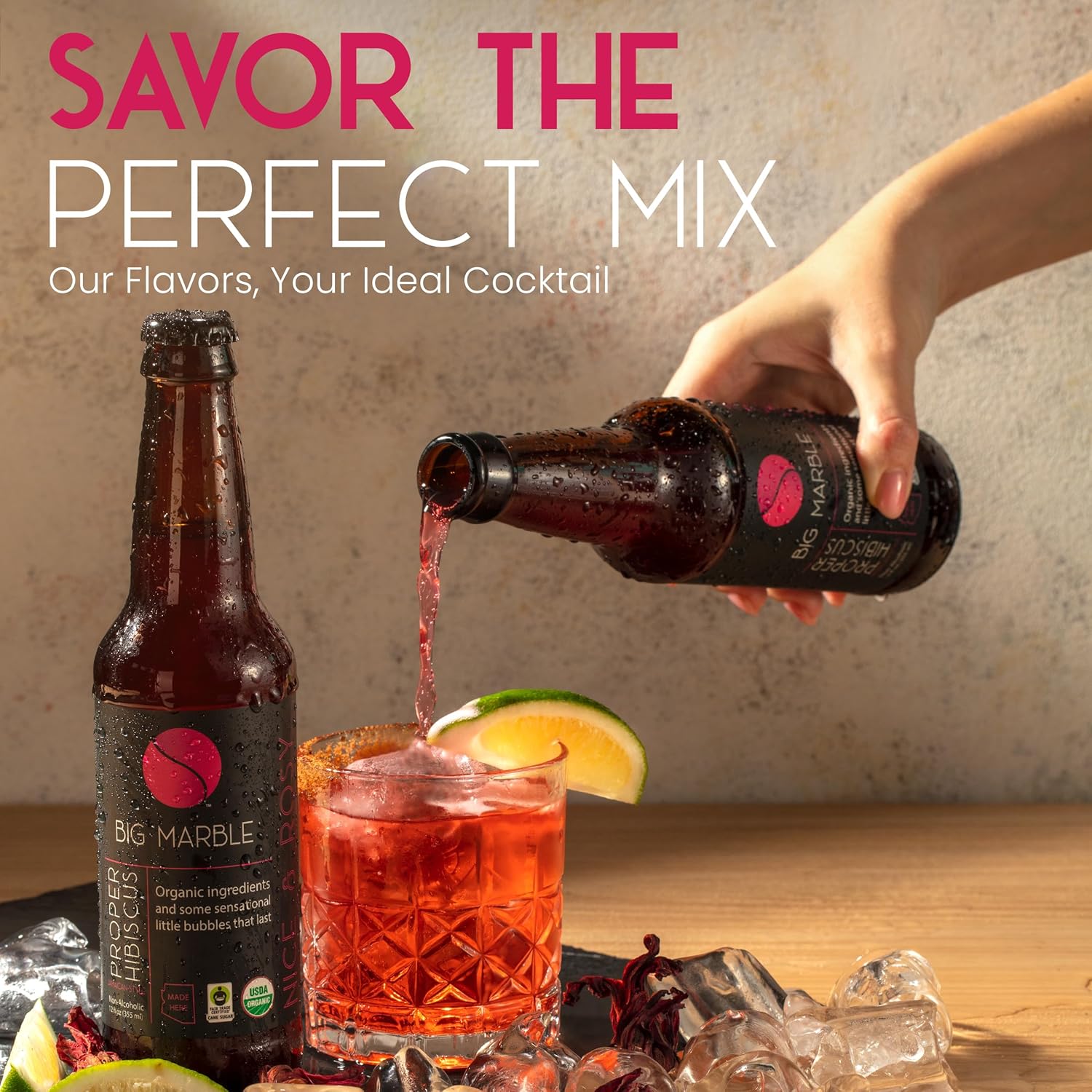 Big Marble Organic Proper Hibiscus, Premium Non-Alcoholic, Low Sugar, Floral & Tart, Fair Trade Certified, Real Hibiscus, No Artificial Sweeteners/Colors, for Cocktails & Mocktails - 12 Pack, 355ml (12 Fl Oz) Bottles