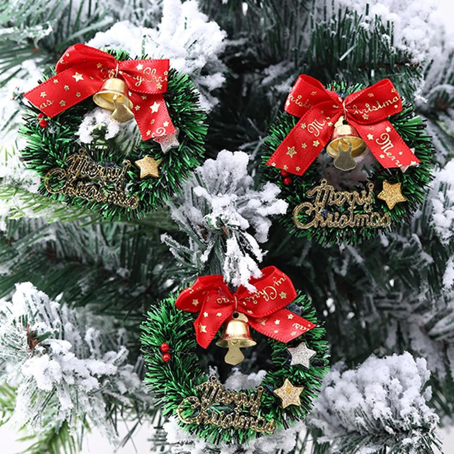 6 mini guirlandas de Natal com laço e sino dourado, grinaldas artificiais verdes para árvore de Natal, festa de inverno, decorações de casa de bonecas de janelas