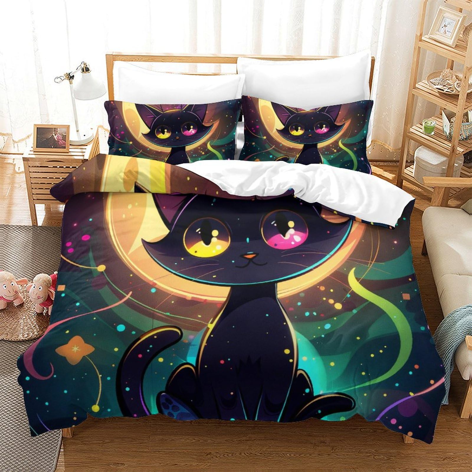 Housse couette chat 3D 260x220 cm hypoallergénique pour un sommeil paisible