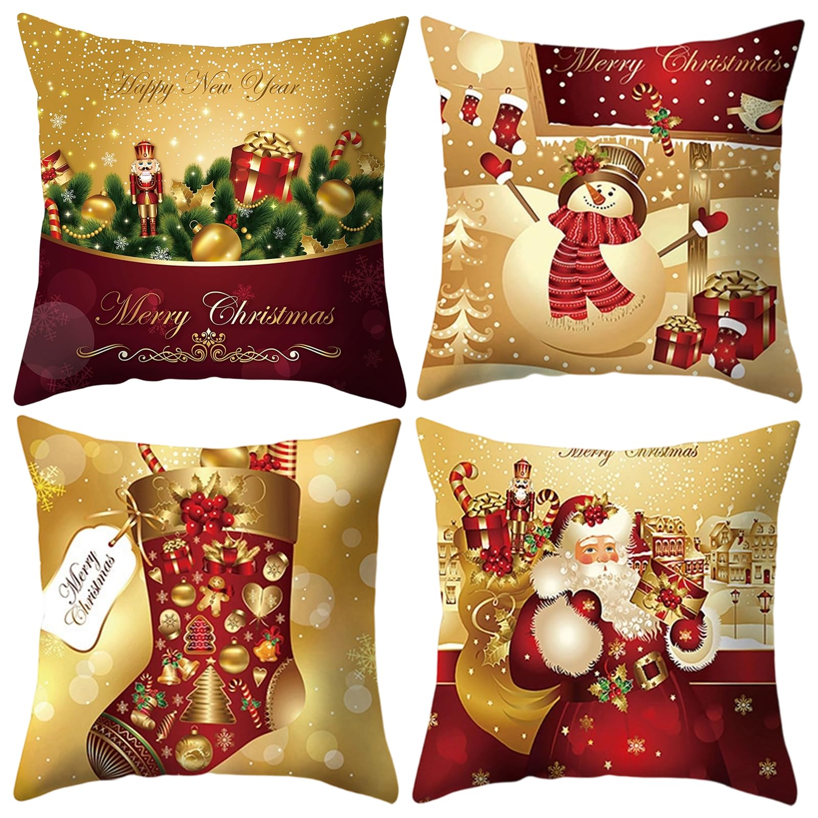 Sadodo Pack 4 Pieces Christmas Pillow Covers, 18 x 18 Inch Xmas Cushion Covers,45cm Pillowcase, Snowman Santa Claus Sock Gift Box,for Sofa Couch Christmas New Year's Home Decorations — image 1