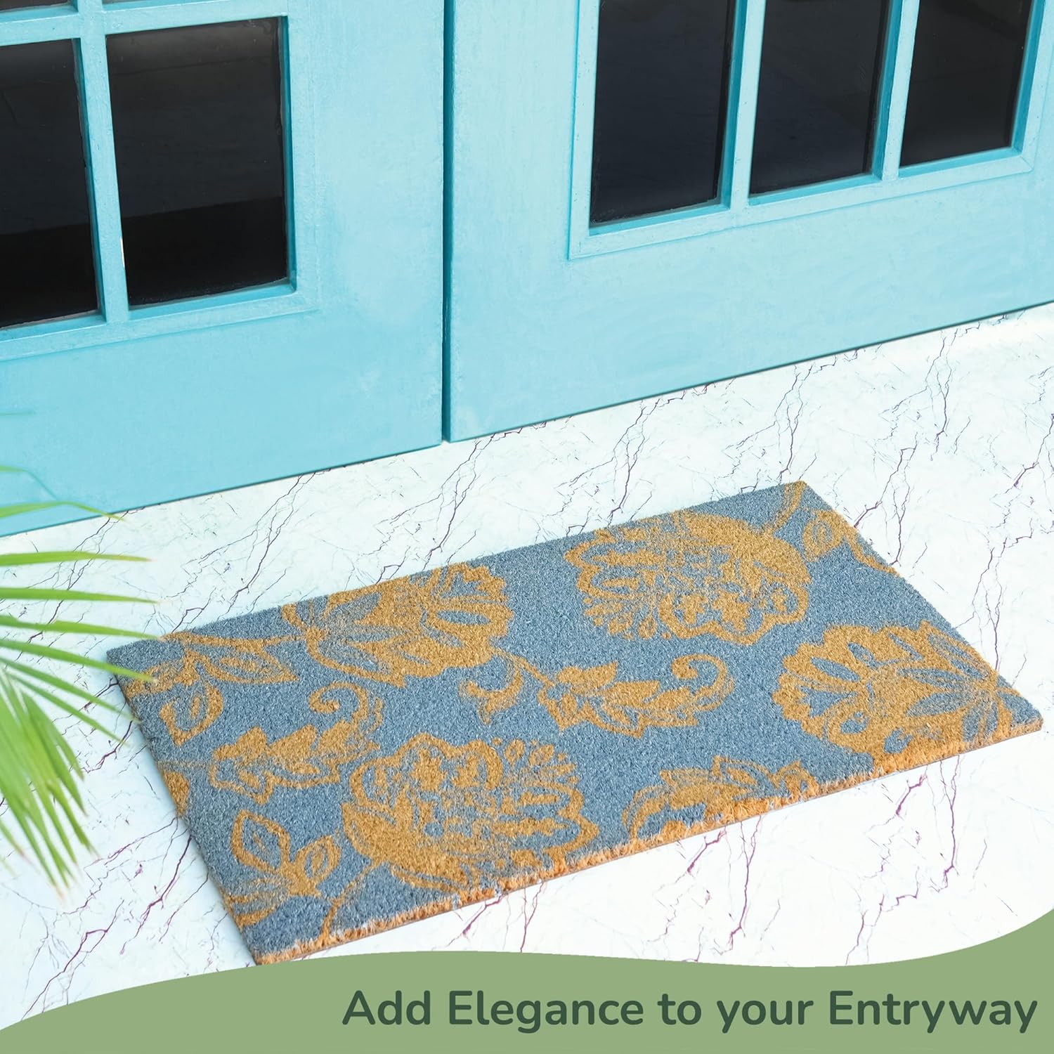 Coir Door Mat, Entryway Floor Mats with Non-Slip PVC Backing, Indoor Outdoor Mat for Front Door Decor, Door Mat, Welcome Mats with Floral Print, Light Blue, 30"x17"