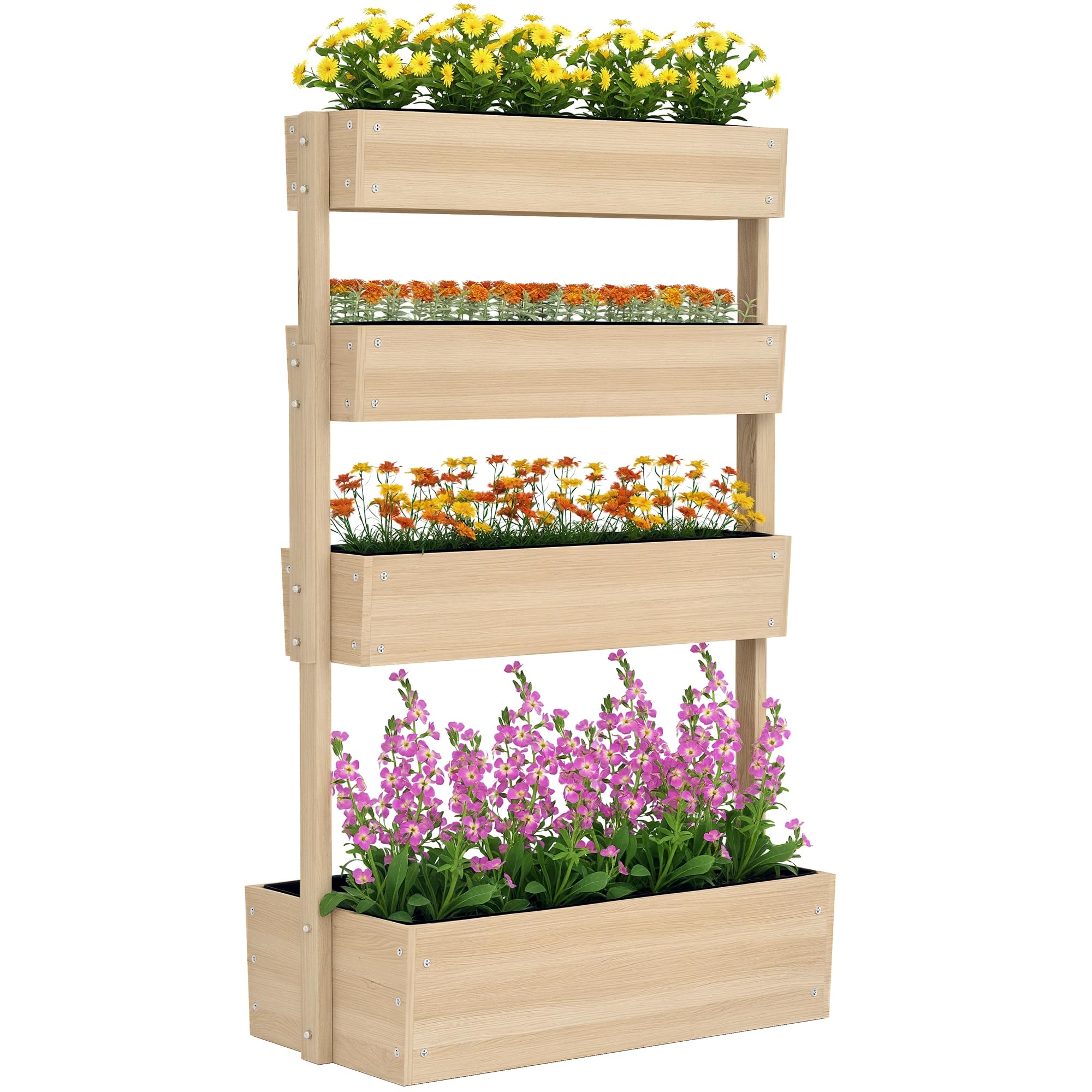 Outsunny Jardinière Surélevée en Bois avec 4 Étages, Doublure, Bois Naturel | Escalier de Fleurs, Trous de Drainage, pour Terrasse, Balcon et Jardin