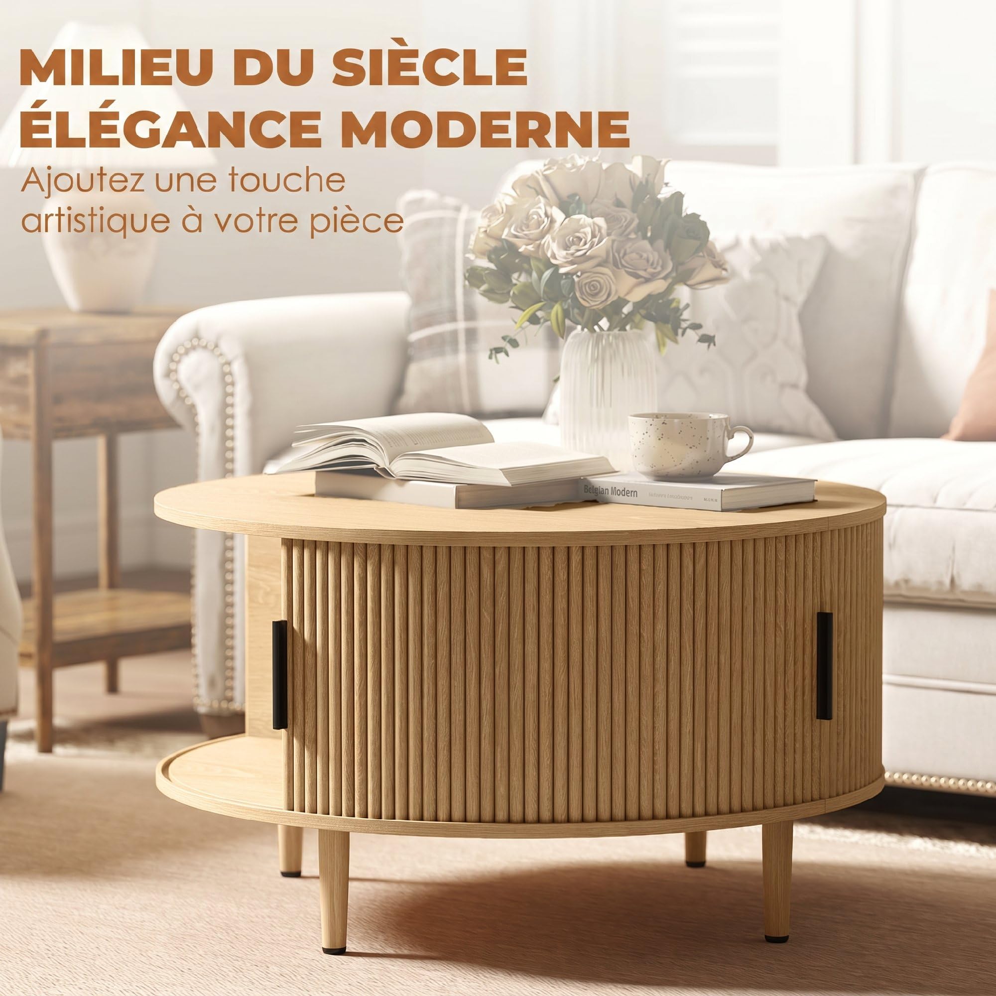 HOMCOM Tavolino rotondo contenitore, 80 cm centro moderno, Naturale