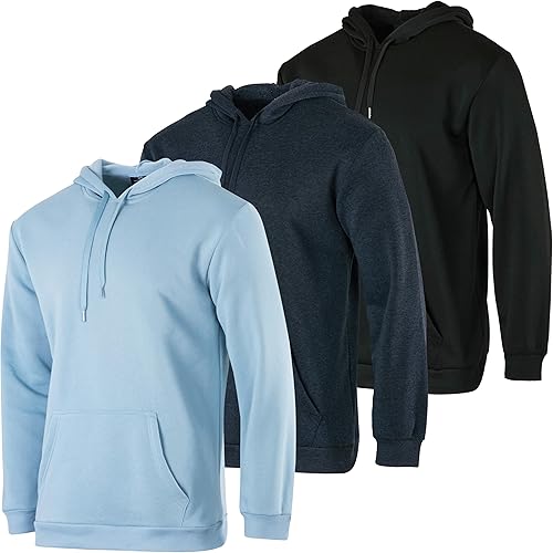 Real Essentials 3 Pack: Men's Fleece Pullover Hoodie - Long Sleeve Hooded Sweatshirt Pockets (Available in Big & Tall)