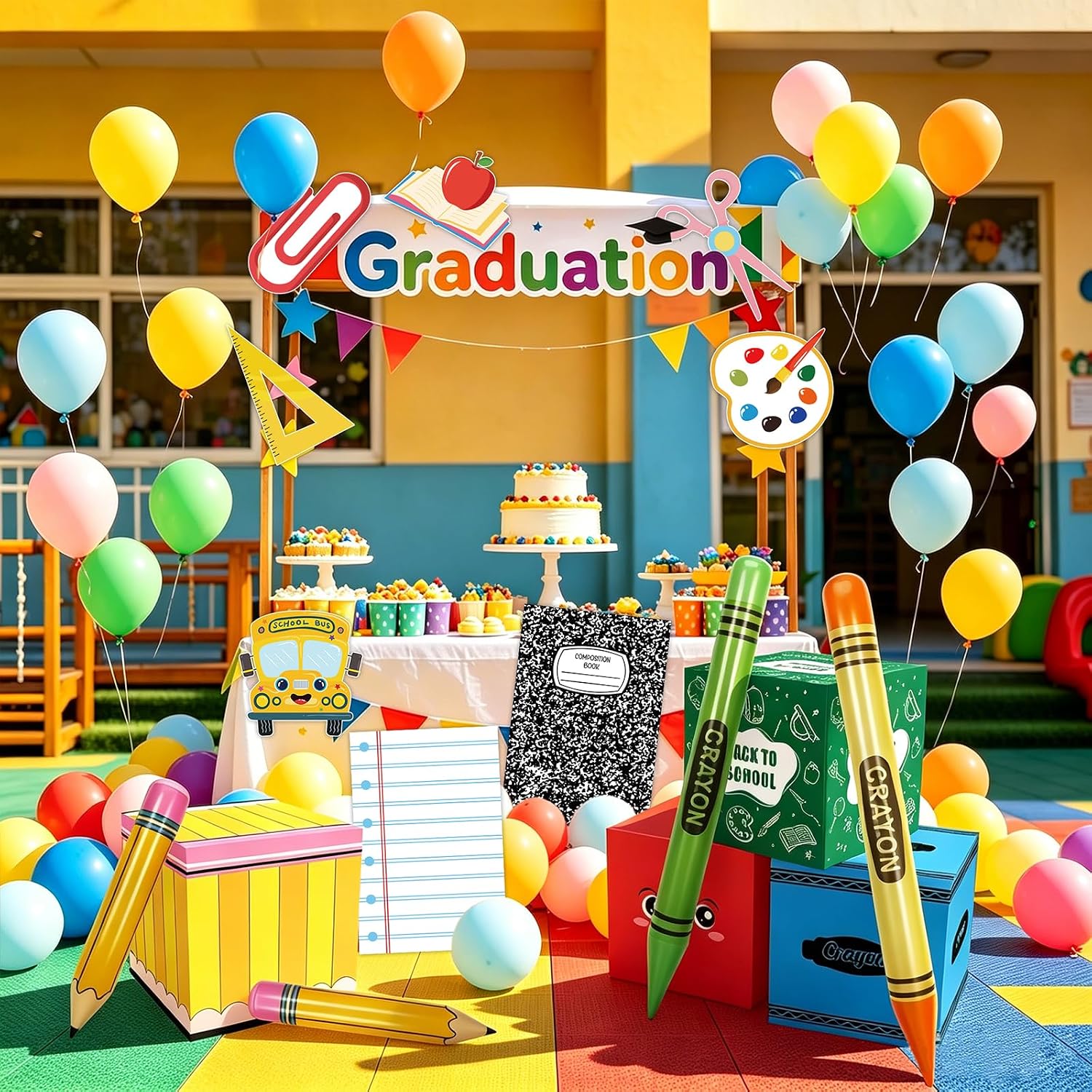 25 Pcs Giant Back to School Decorations Set Large Inflatable Pencil Crayon Balloons with Theme Box & Cards for Classroom Party Kindergarten Celebration Decor Teacher Supplies
