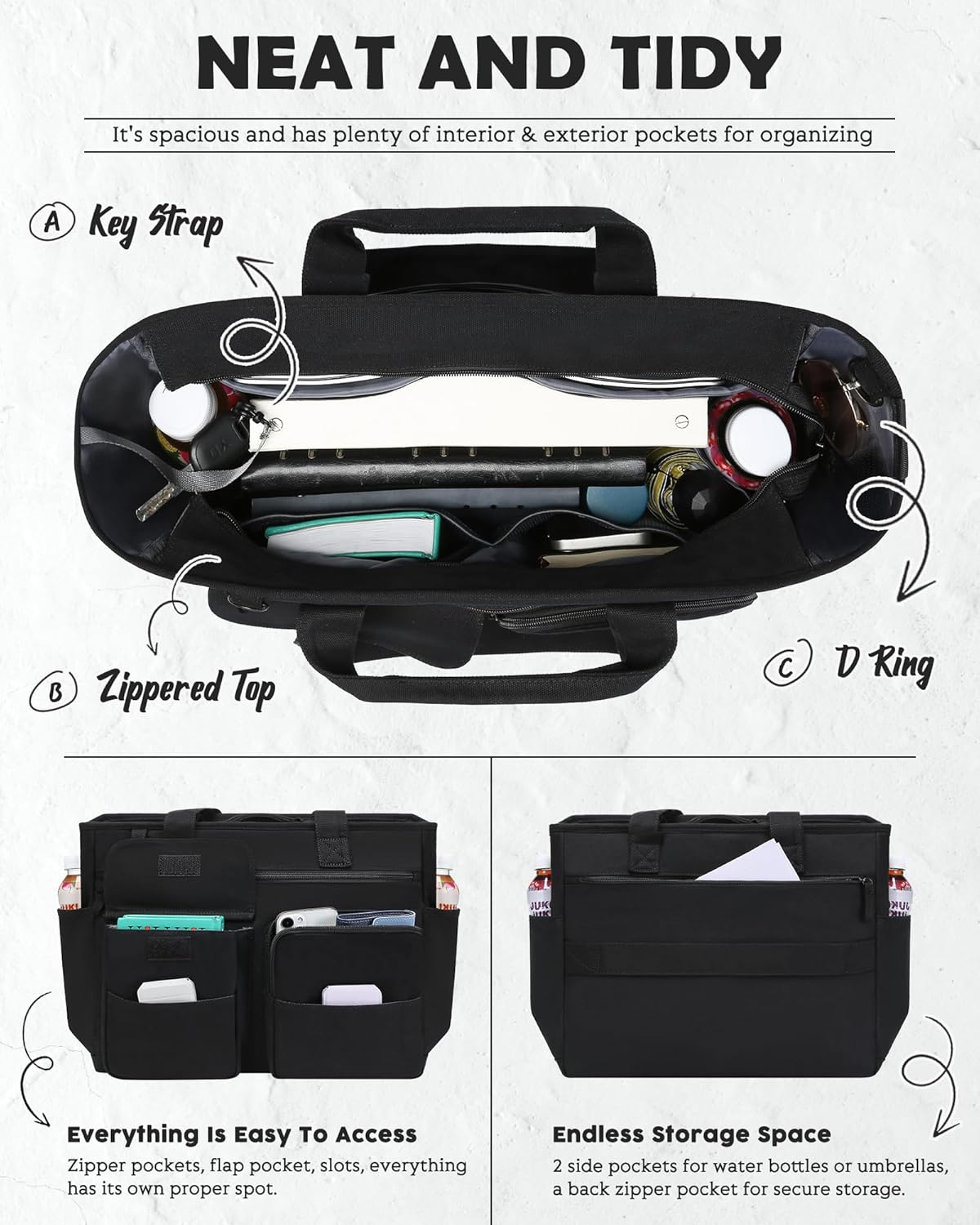 FOKDUVB Large Canvas Tote Bag with Zipper and Pockets for Women Utility Totes with Laptop Compartment for Work School Travel - Image 3