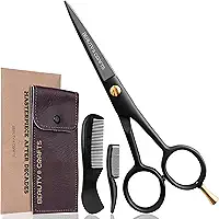 Tesoura alemã para bigode de barba de 12 cm - 2 pentes de bigode para cabelo facial com linda bolsa - Tesoura para aparar barba para cuidados, cortes e pentear de bigode (preto)