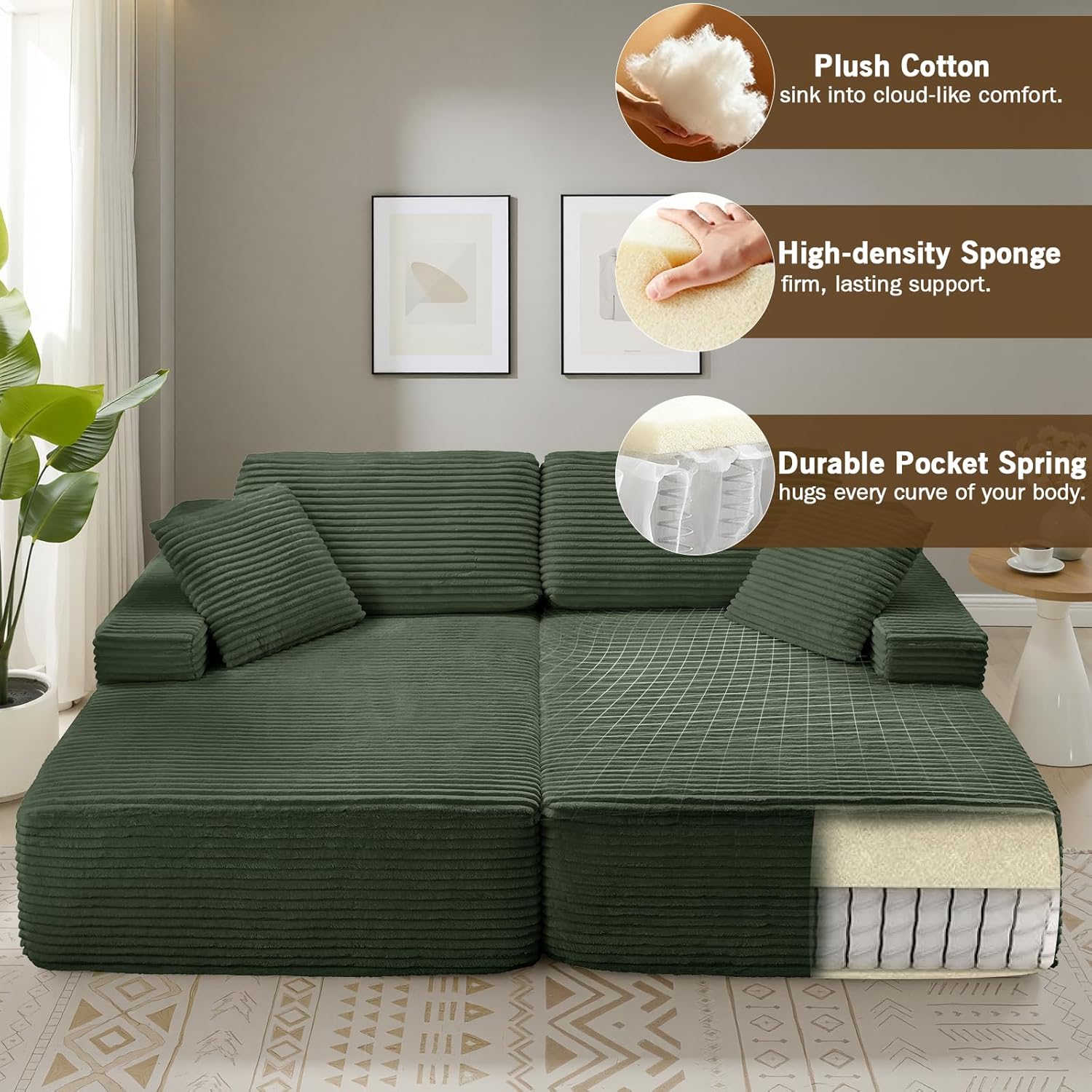 89.3” Oversized Double Chaise Lounge Indoor, Green Corduroy Chaise Lounge Chair, Upholstered Sleeper Sofa Bed, Deep Seat Sleeper Loveseat Reading Chairs, Boneless Cloud Couch for Living Room Bedroom
