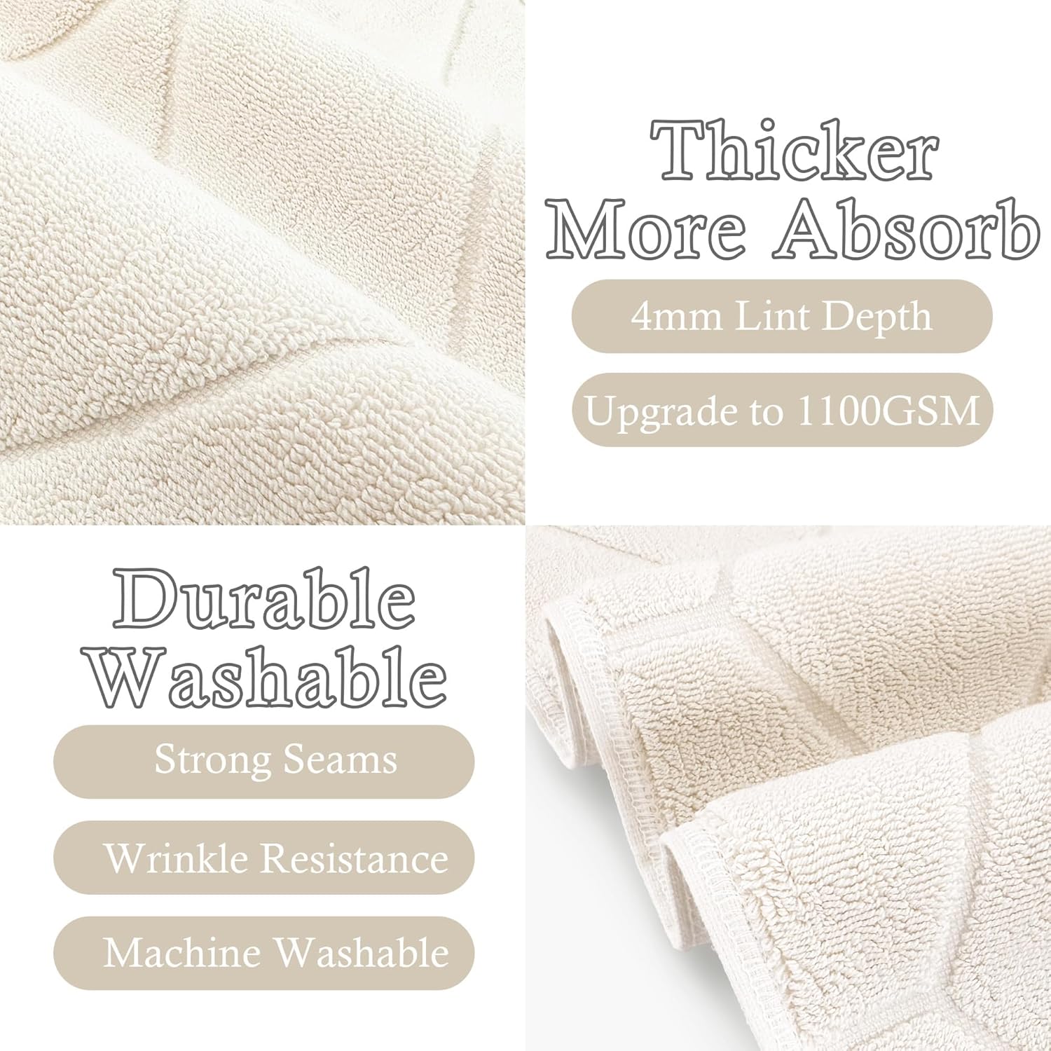 Cream Thick Bath Mats Set [Not Bathroom Rug] - 2 PACK |100%Cotton| 19"x30" | 1100GSM | Washable & Absorbent, Soft Floor Towel - Beige Terry Cloth Bath Mat, Cream Foot Towels for Bathroom