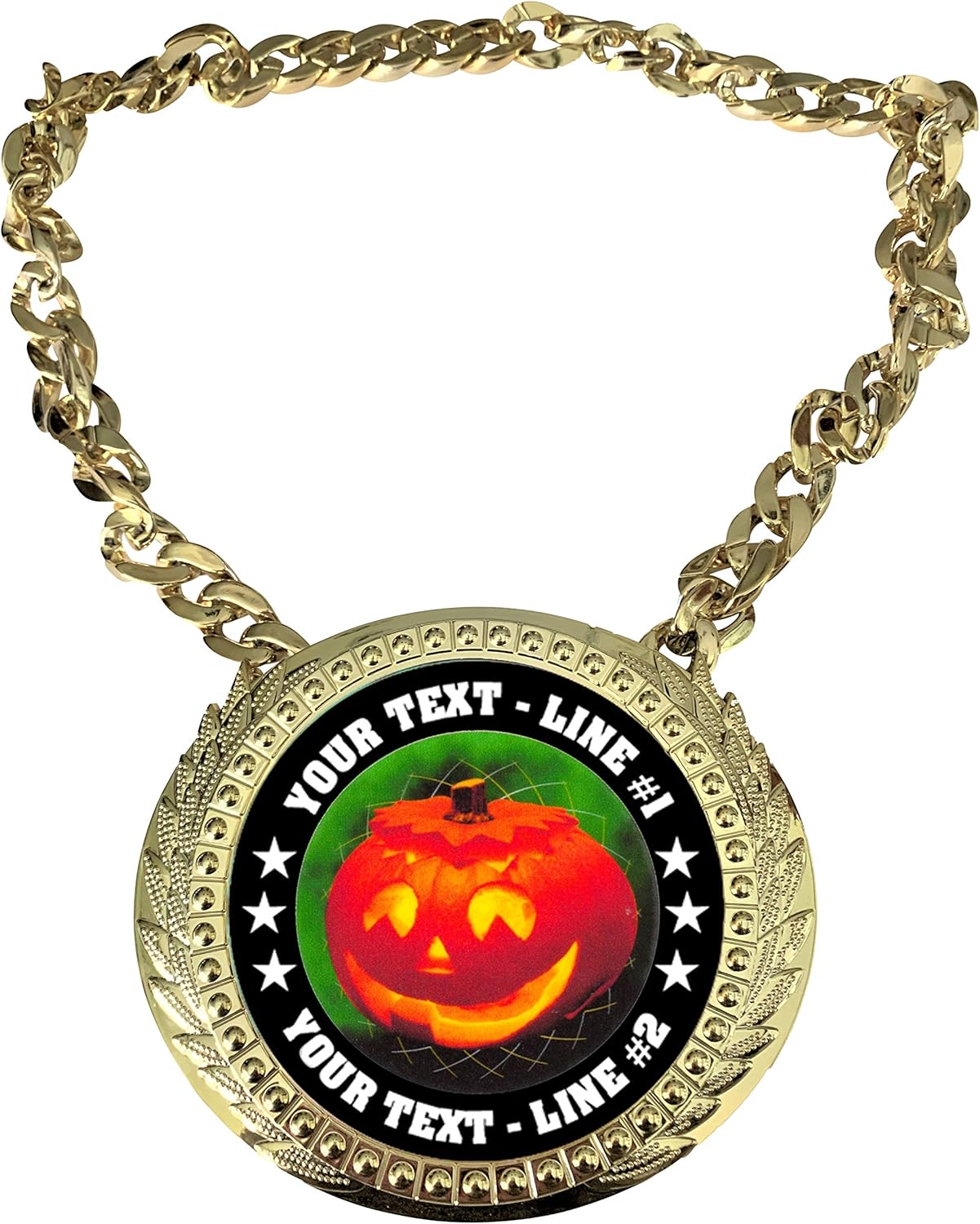 Express Medals Custom Halloween Pumpkin Champ Chain Trophy with 2 Lines of Personalized Text on a Large Rigid Plastic Award Medal and 34 Inch Long Gold Color Neck Chain. FCL493