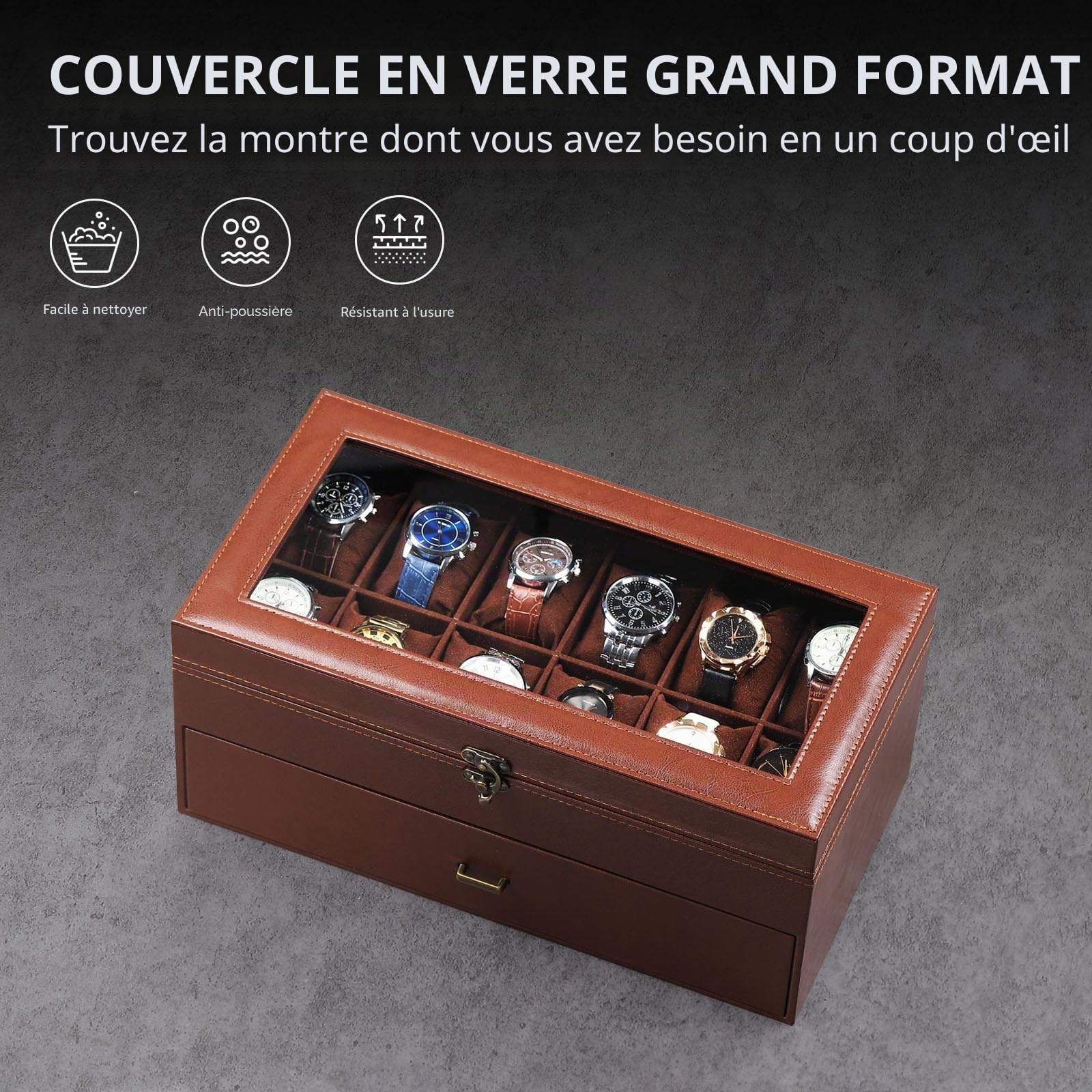 AUTOARK MKAW041 Boîte à bijoux en cuir et velours pour 12 montres et 6 lunettes de soleil, 2 couches avec 1 tiroir, verrouillable, grand dessus en verre