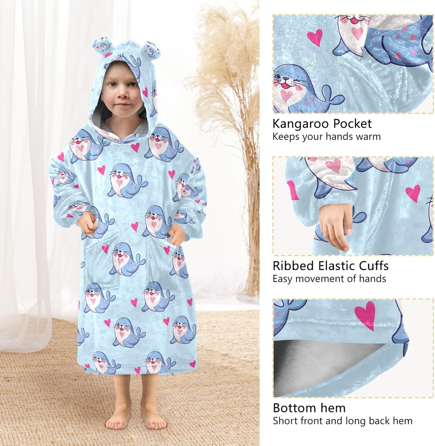Cute Blue Seals Kids Wearable Blanket Hoodie with Pocket and Sleeves for Toddlers, Cute Hoodies 3-14 Year Girls Boys