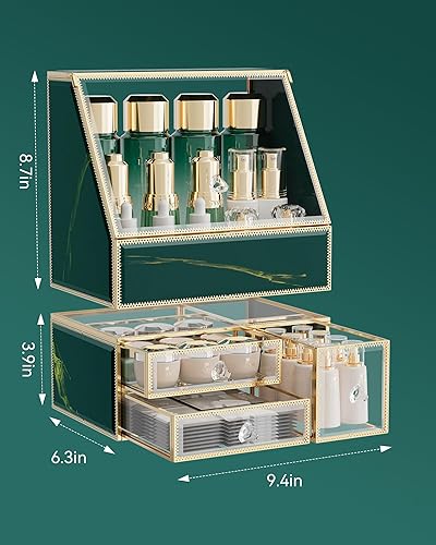 Miniatura 6 de Organizador de maquillaje, organizador de maquillaje verde con cajón, soporte para el cuidado de la piel para encimera de baño, vitrina de