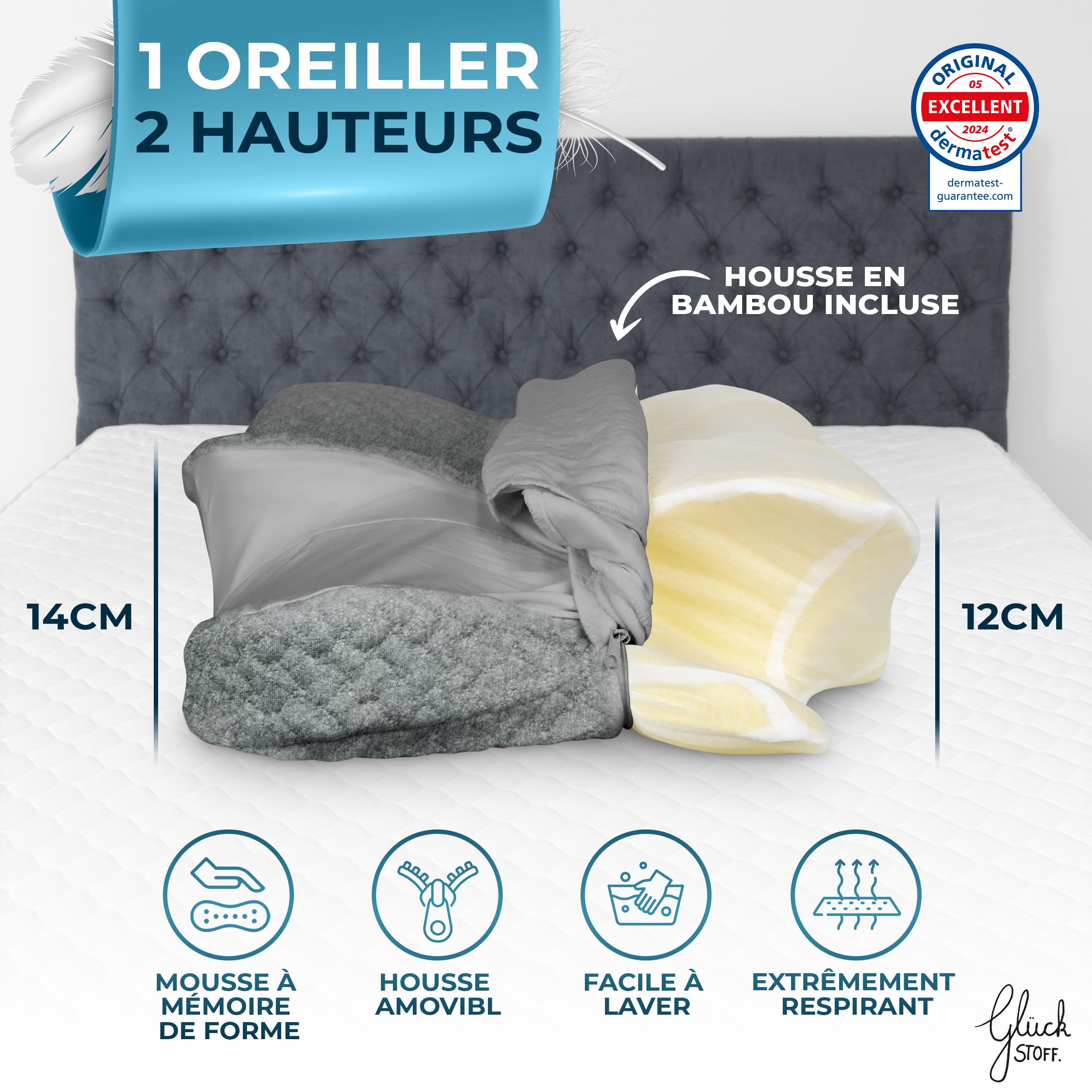 Glückstoff® Oreiller Memory Foam [pour Toutes Les Positions DE Sommeil] – Ergonomique en Memory Foam – Doux pour Une Sensation de Confort – Oreiller Respirant avec Housse en Bambou