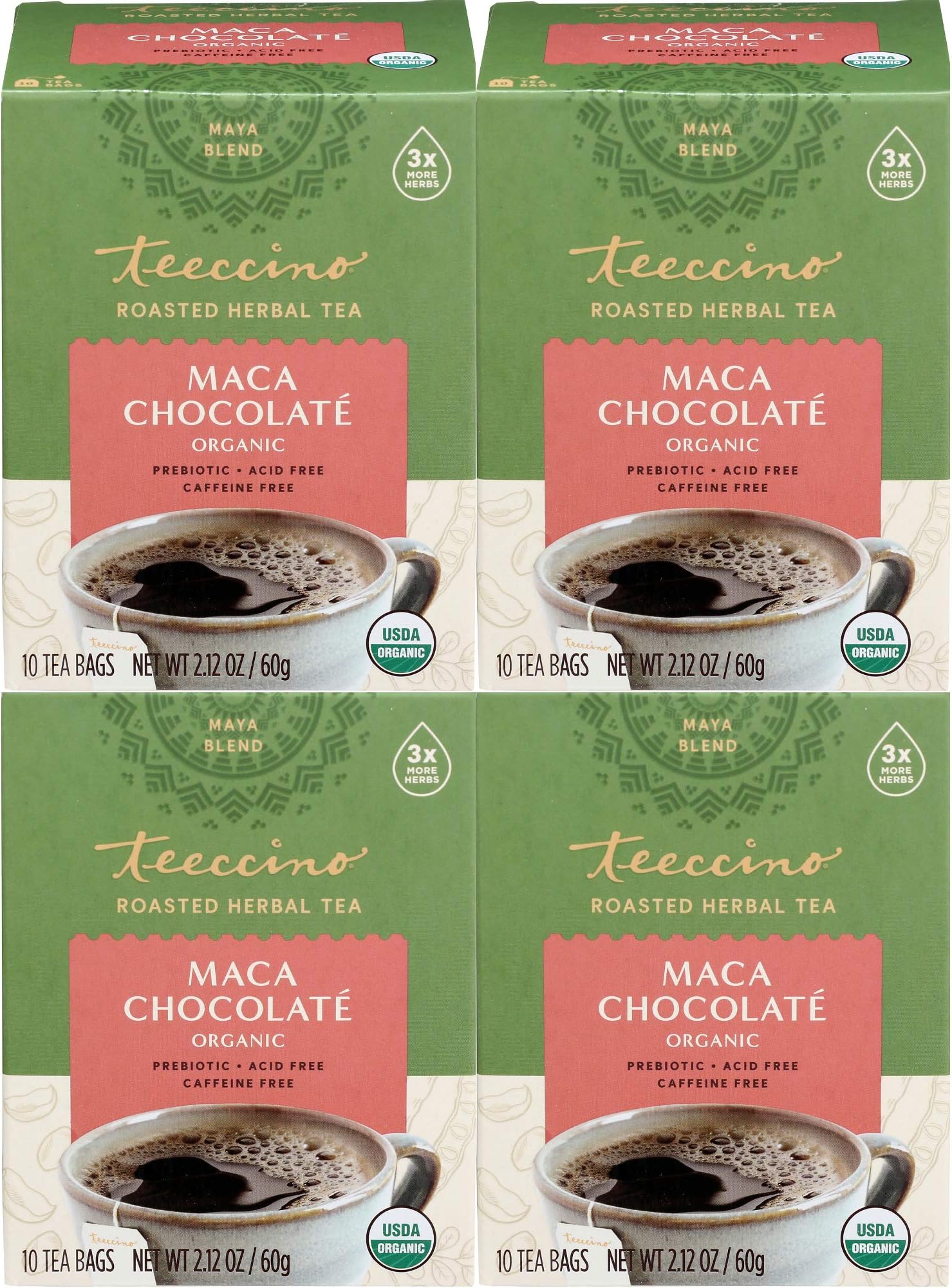 Teeccino Herbal Tea – Maca Chocolaté – Adaptogenic Peruvian Maca, Cacao, Chicory, Prebiotic, Caffeine Free, Acid Free, Coffee Alternative (10 Count (Pack of 4))