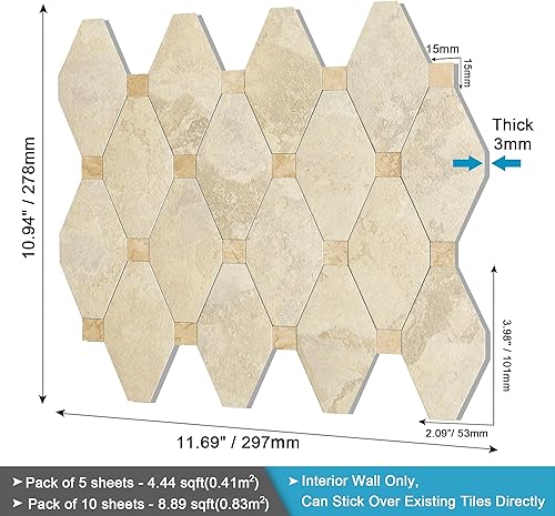Miniatura 6 de BeNice Azulejos hexagonales de mármol para cocina, azulejos de mármol hexagonales para baño (10 unidades, beige rústico)