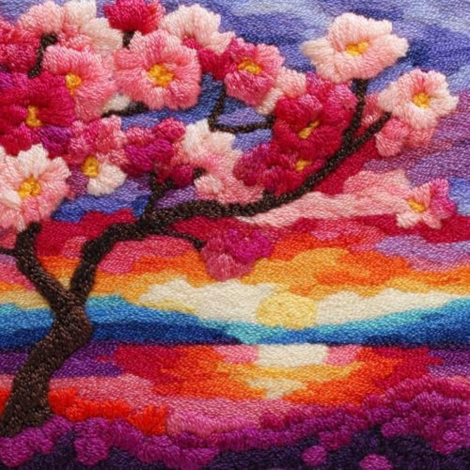 kitphoenix Latch Hook Cushion Kit for Adults,Cherry Blossom Flowers and Sunset,DIY Pillow Cover Making Craft Set with Pre-Cut Yarn,Pre-Printed Canvas and Hook,43x43 cm for Beginners