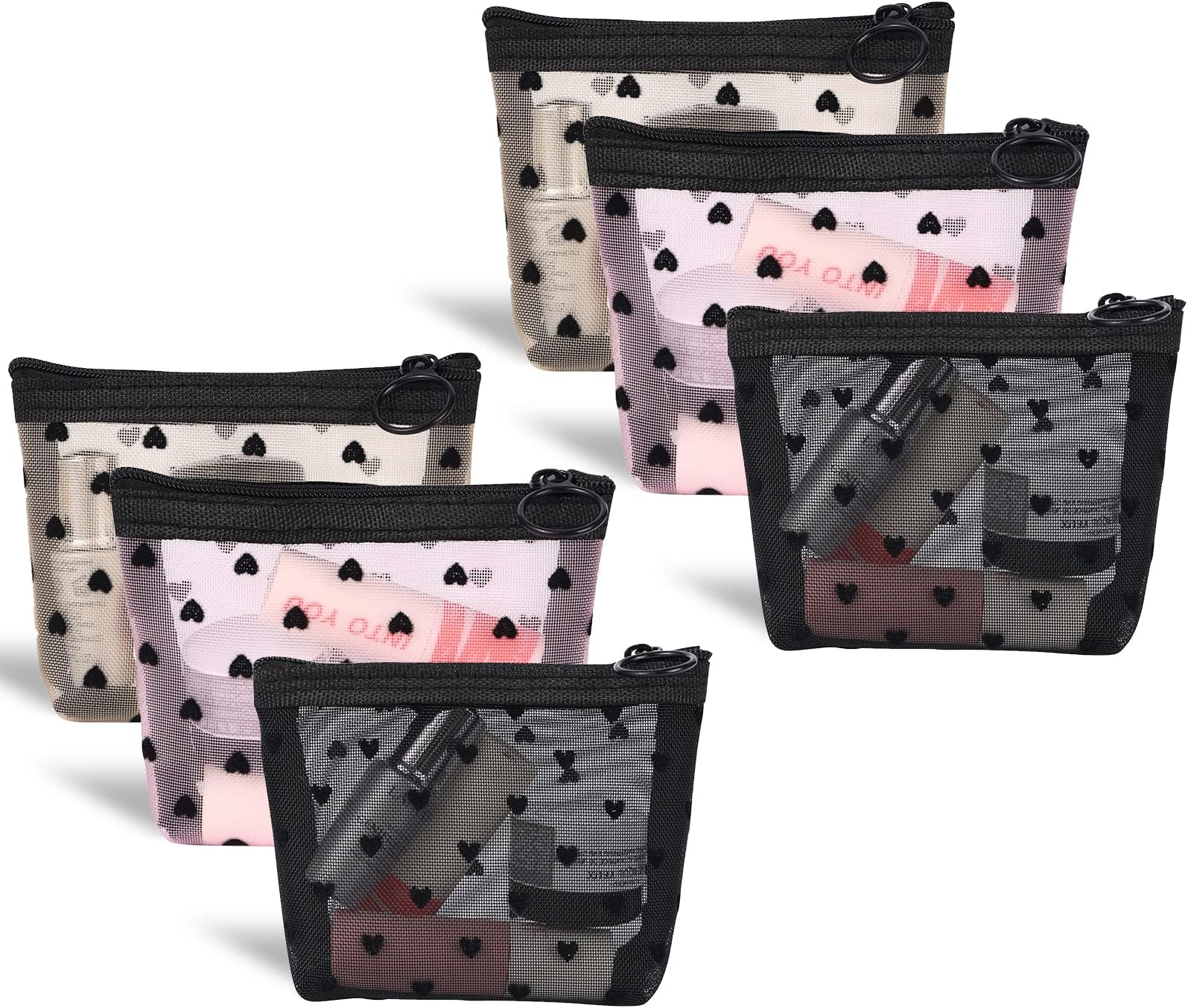 MHDGG Mini Mesh Makeup Bags, 6-Piece Heart Print Set - Cosmetic Organizers with Zipper Closure, 3 Colors