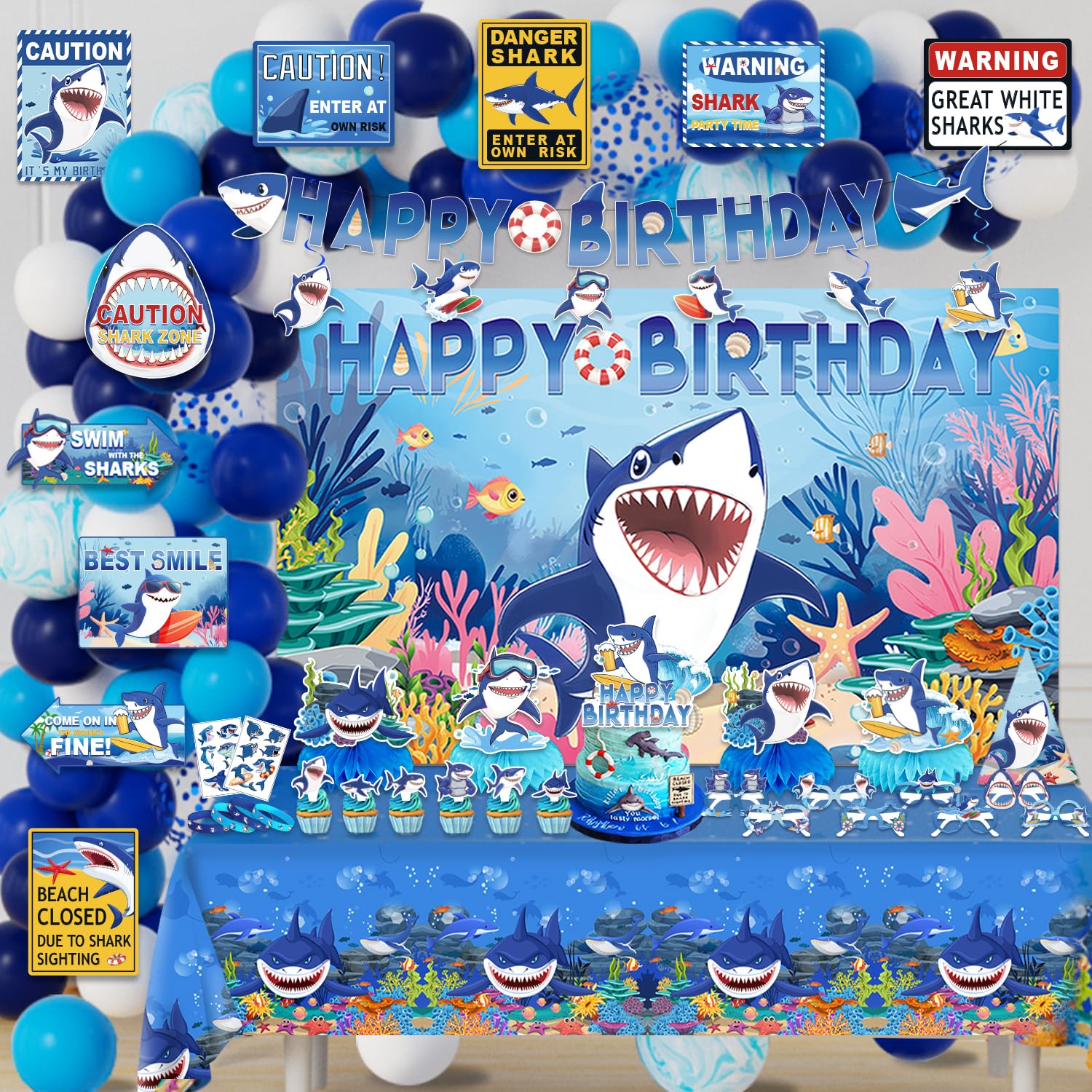 Mpanwen Shark Birthday Party Decorations, 137Pcs Shark Themed Birthday Party Decor Supplies - Backdrop, Sticker, Balloons, Cake Toppers, Tablecloth,
