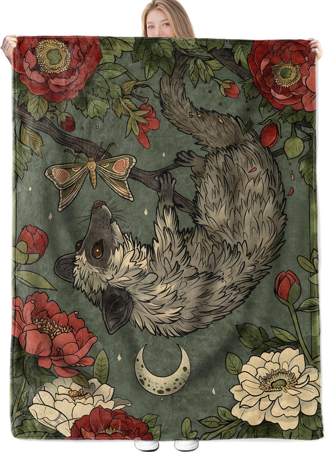 Raccoon Floral Throw Blanket Gifts for Women Girls Kids Adults, 50x60 in, Flannel Blankets for Bedroom, Camping, Couch, Room Decor, Fuzzy Warm Cozy Soft