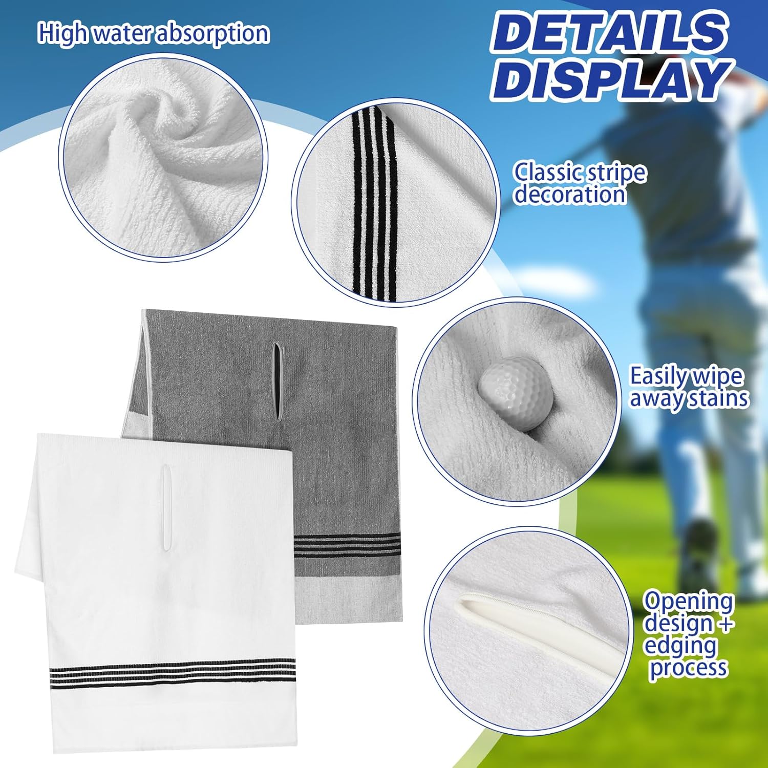 2 Pcs Caddy Golf Towel Extra Large 22''x 44'' Cotton Camping Sport Golf Gift Towel, Absorbent, Center Cut Cart Accessory for Man Golfers(Grey, White) - Image 3