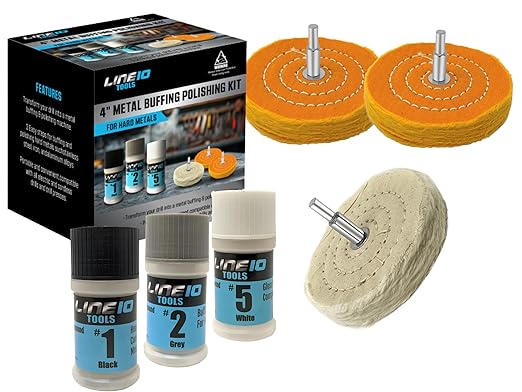 LINE10 Tools Metal Buffing Polishing Kit for Drill 4" Buffing Wheels, 3-Step Polishing Compound for Aluminum, Chrome, Stainless Steel Perfect for Auto Wheel, Rim, Trim, Jewelry, Golf Club Restoration