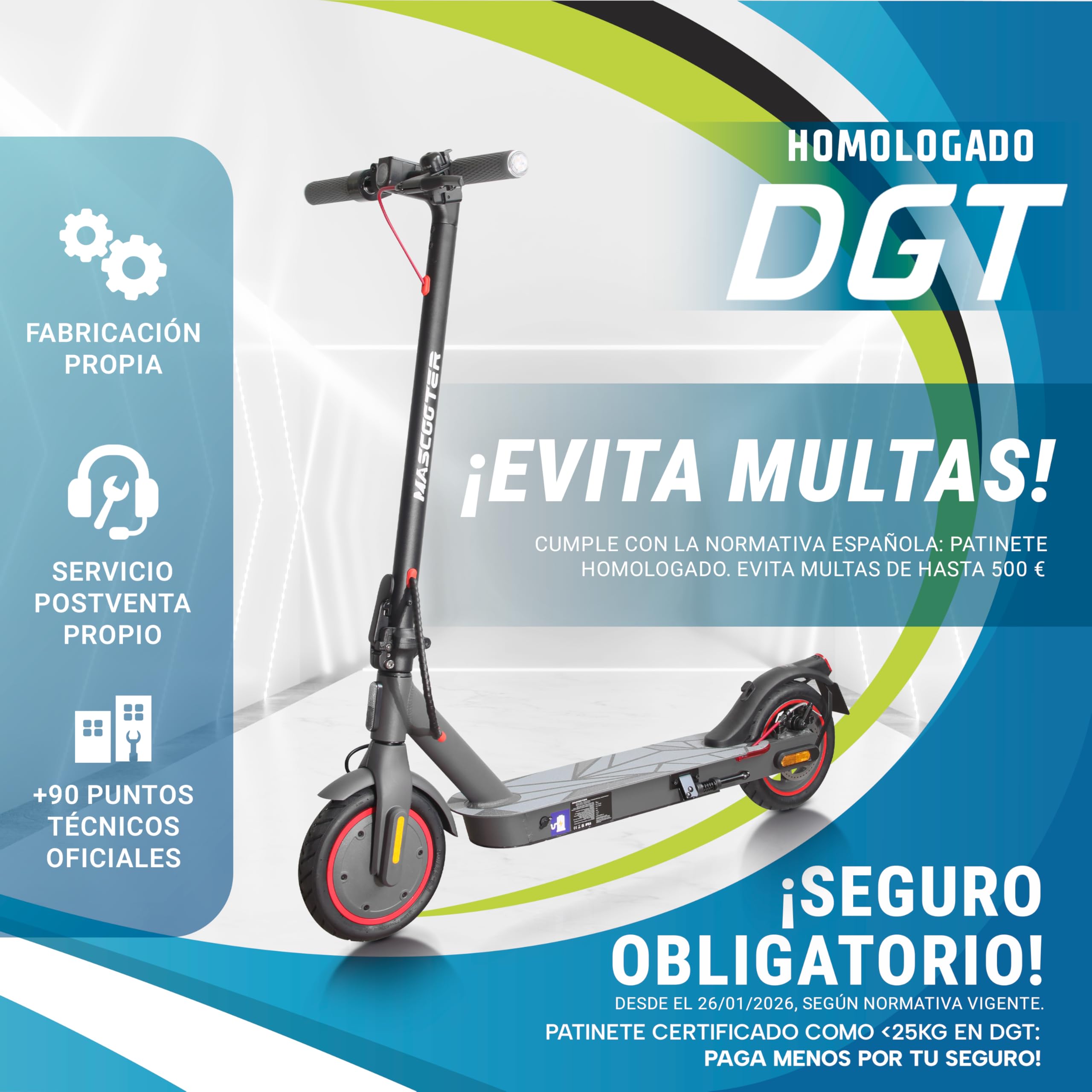 MASCOOTER S1 | Patinete Eléctrico Adultos Homologado con Talleres en España | 600W | 20 km | 3 Años de Soporte | Homologado DGT | Intermitentes | Ruedas 9.5" Aire | Regeneración al Frenar (AER) | HPB