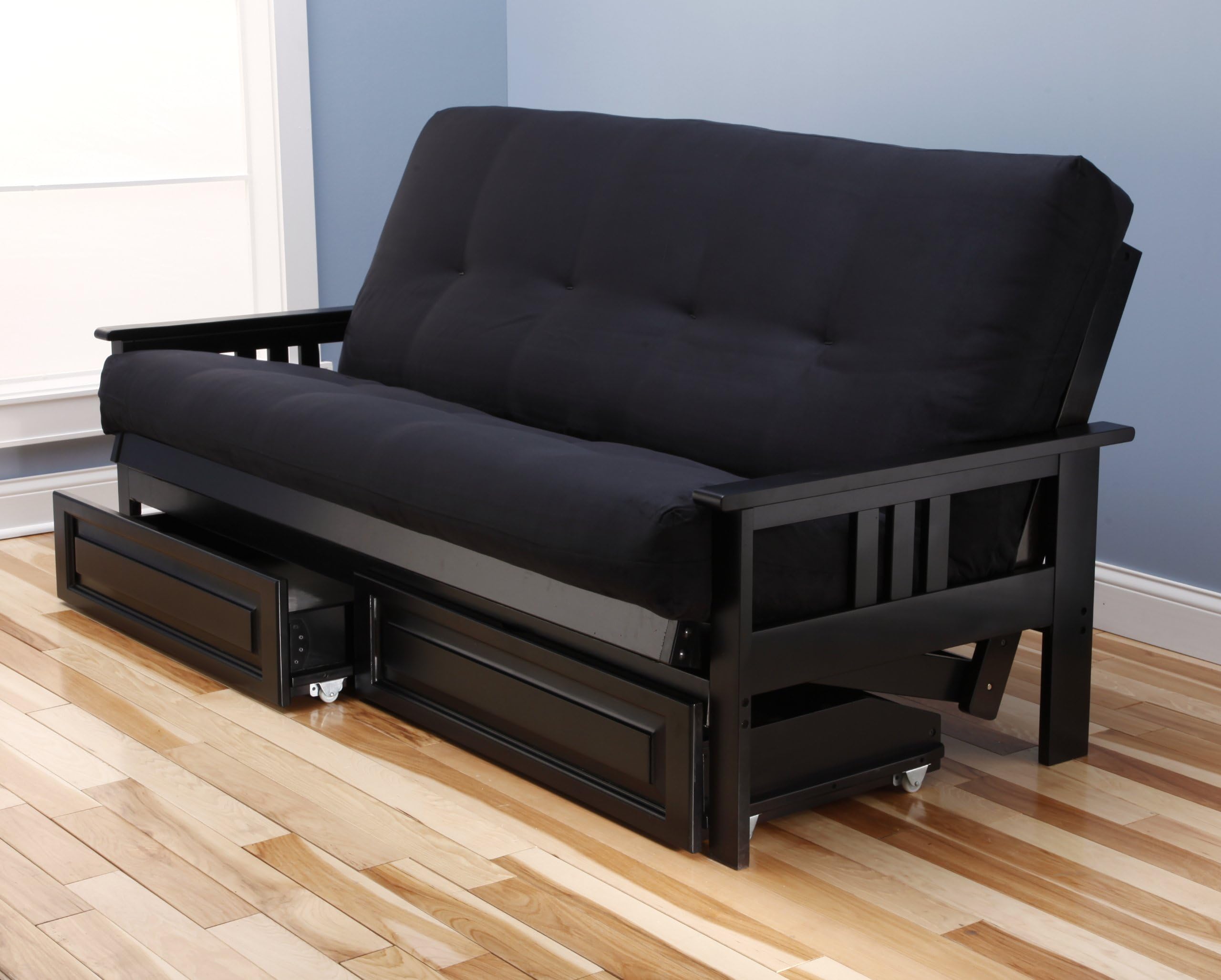 Monterey Full Size Futon Sofa and Drawer Set, Black Painted Hardwood Frame and Soft Suede Innerspring Mattress, Black