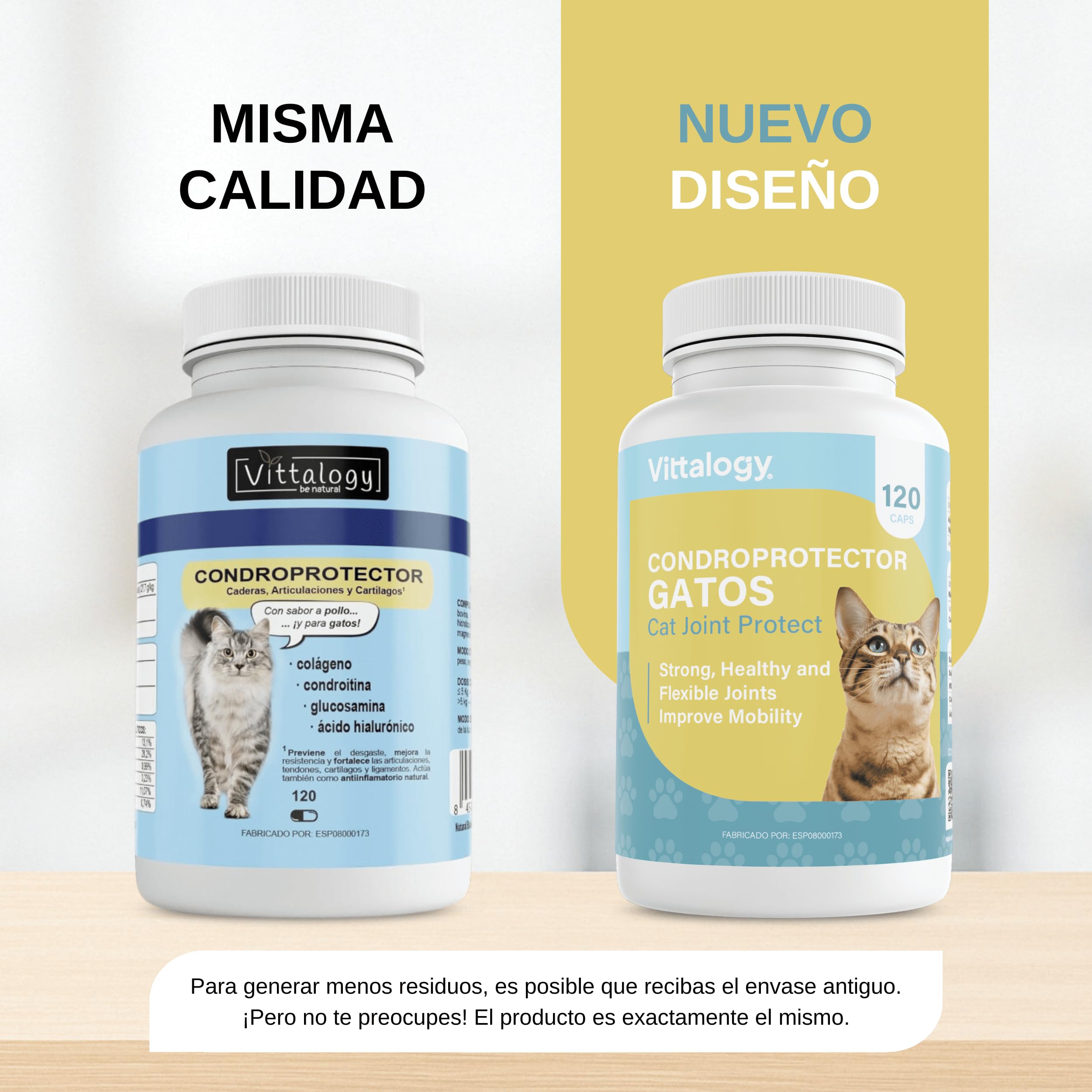 Condroprotector para Gatos. Antiinflamatorio Natural con Colágeno, Condroitina, Hialurónico y Cúrcuma. Complemento Alimenticio para Caderas, Articulaciones y Cartílagos. (120 Cápsulas)