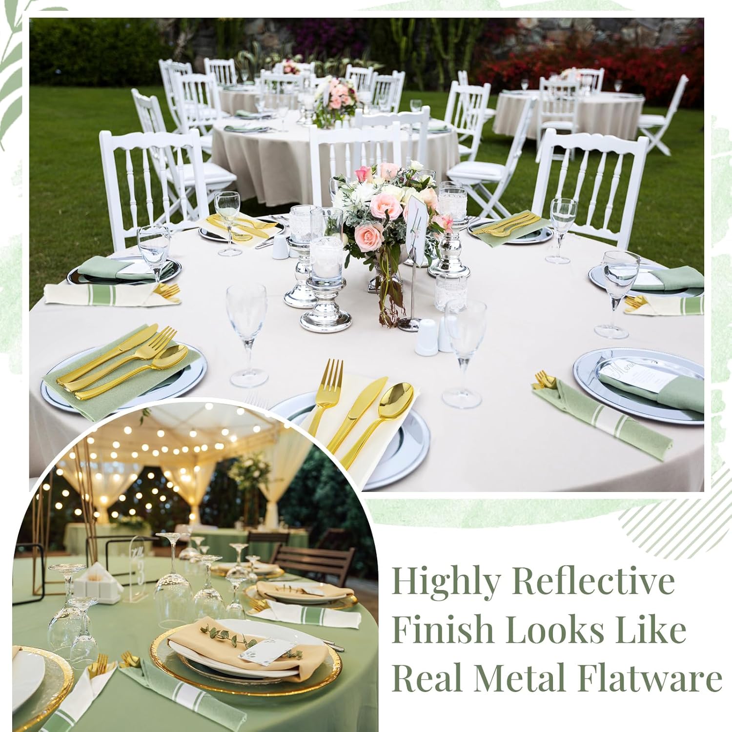 Lasnten 50 Pack Pre Rolled Gold Plastic Silverware Set Disposable Wrapped Plastic Cutlery Set Include Sage Green and White Napkins Knives Spoons and Forks for Wedding Birthday Party Supplies