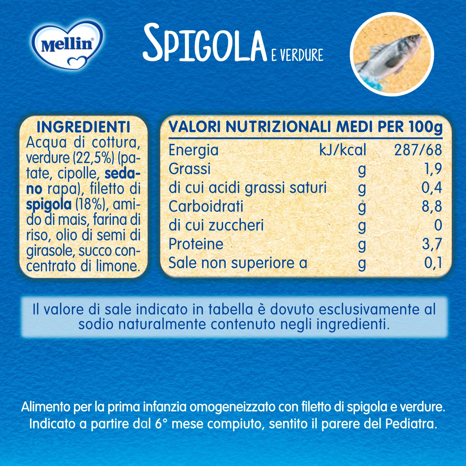 Mellin Omogeneizzato Spigola e Verdure, 24 Vasetti da 80 g