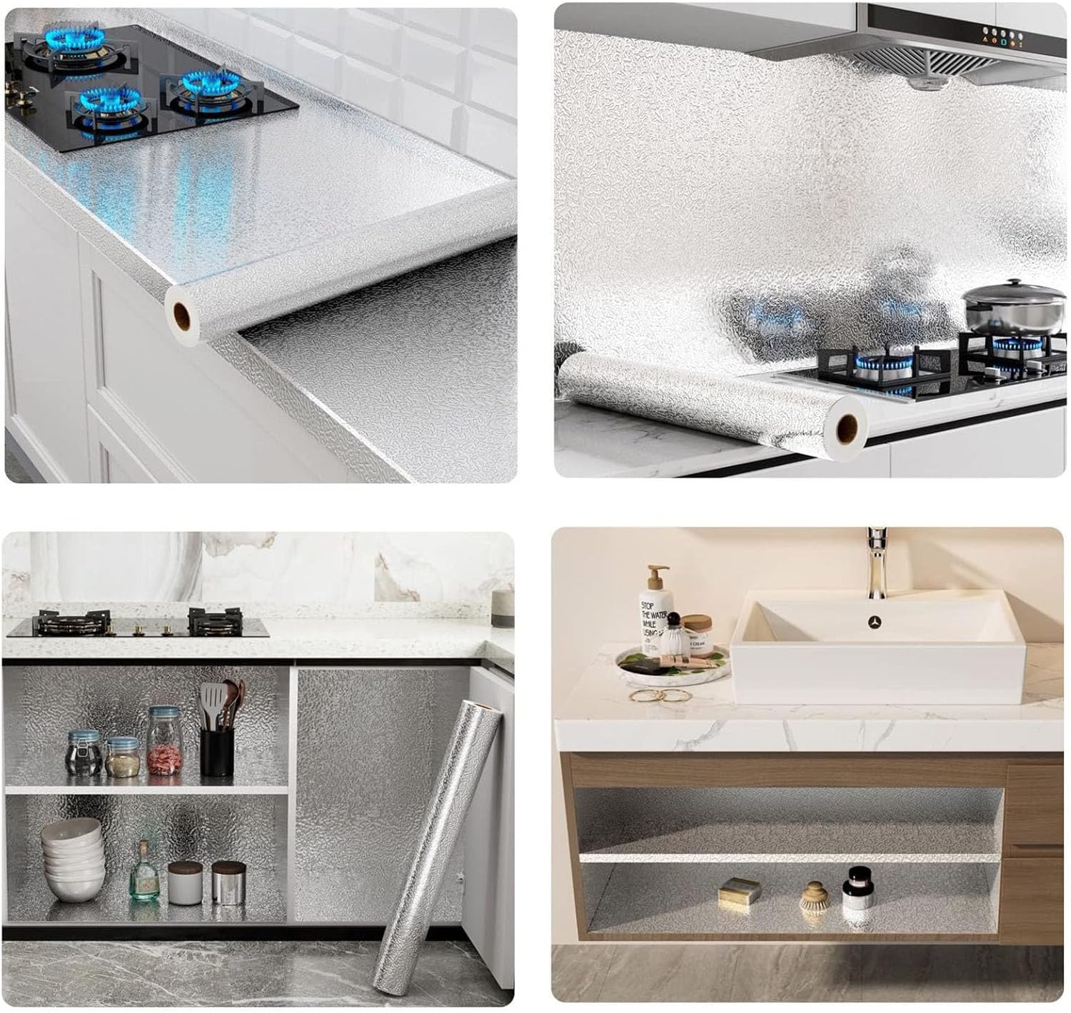 Kitchen Wallpaper Oil Proof Sticker Backsplash Aluminum Foil Self-Adhesive Paper Silver Cabinet Liner Shelf Liner Waterproof and Heat Resistant Peel and Stick Backsplash(15.7X118 Inches)