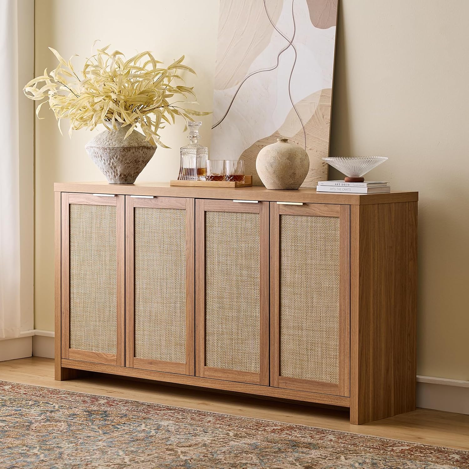 Walsham 61'' Buffet Cabinet with Storage, Adjustable Shelf Sideboard Rattan Entryway Console Cabinet with Doors Modern Credenza Coffee Bar Station for Kichen Living Room Holds 410lb Weathered Oak