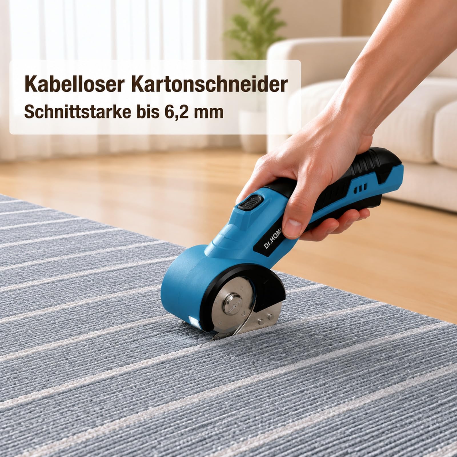 Kartonschneider, Elektrische Schere, Teppichschneider, Kabelloser Rollschneider mit 4,2V Wiederaufladbarem, 3 Selbstschärfenden Klingen, LED-Licht für Stoff, Papier, Karton, Teppich, Leder - Blau