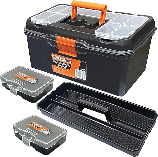 BOLTWORK Tool Box 16inch x 1 Plastic Chest Case Organizer with Removable Tray & 2 x 8 Compartment Organizers, 3 pc set Quality Plastic for D.I.Y , Household & Professional Use. 1% Donated to Hospital