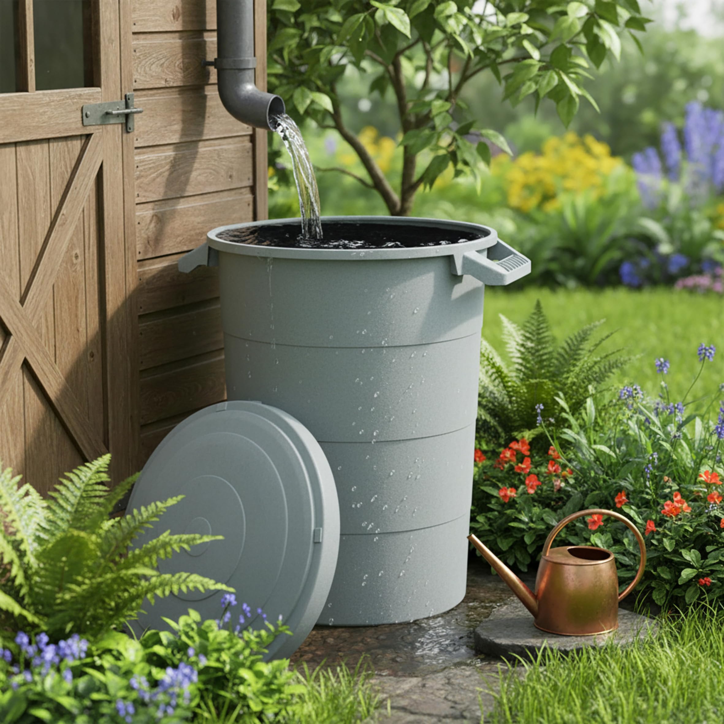 Serbatoio per acqua piovana 80 litri con coperchio - grigio - Universale in plastica con manici - Barile per la pioggia, serbatoio per giardino, secchio per rifiuti