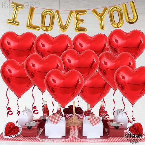 Miniatura 8 de KatchOn Juego de globos con texto en inglés "I Love You", 18 pulgadas, paquete de 18 globos de aluminio con forma de corazón rojo para decoraciones