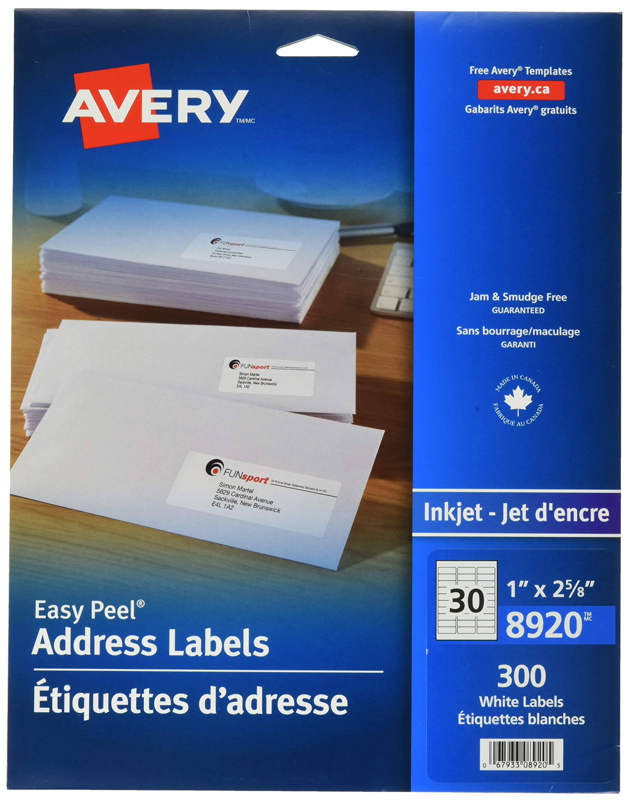 AVERY Address Labels with Easy Peel for Laser/Inkjet Printers, 1" x 2-5/8", White, Rectangle, 300 Labels, Permanent (8920) Made in Canada image 6